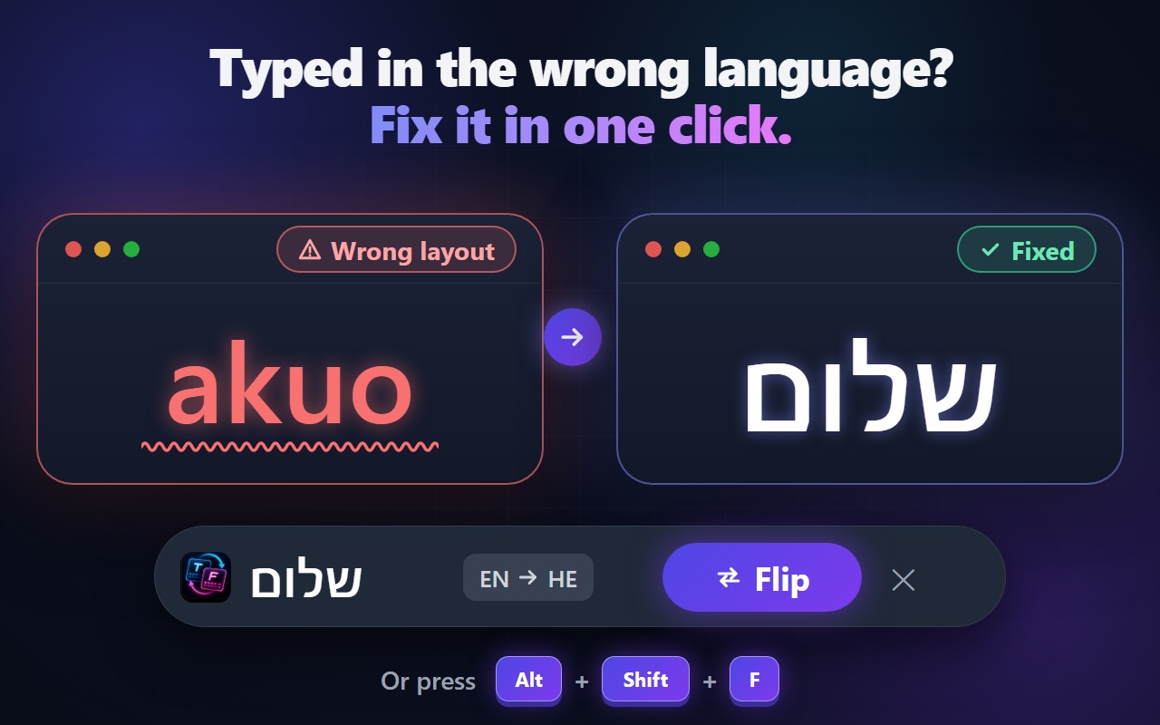 TextFlip fixes text typed in the wrong keyboard layout